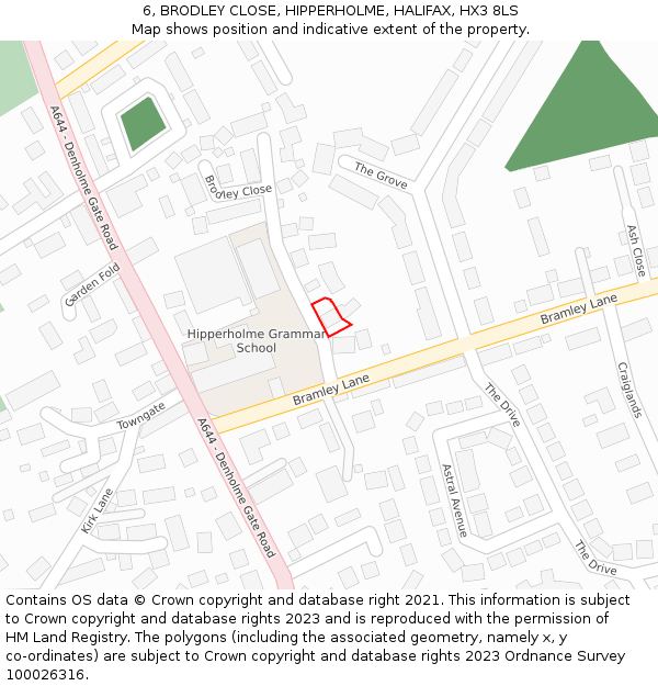6, BRODLEY CLOSE, HIPPERHOLME, HALIFAX, HX3 8LS: Location map and indicative extent of plot