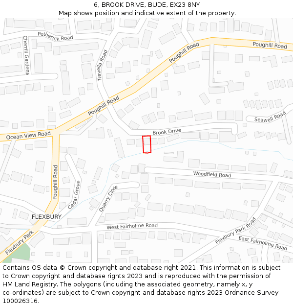 6, BROOK DRIVE, BUDE, EX23 8NY: Location map and indicative extent of plot
