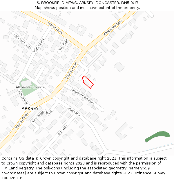 6, BROOKFIELD MEWS, ARKSEY, DONCASTER, DN5 0UB: Location map and indicative extent of plot