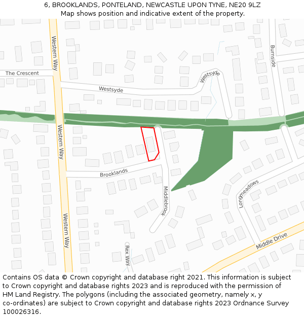 6, BROOKLANDS, PONTELAND, NEWCASTLE UPON TYNE, NE20 9LZ: Location map and indicative extent of plot