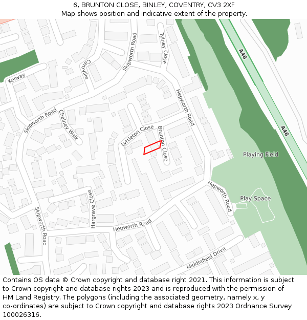 6, BRUNTON CLOSE, BINLEY, COVENTRY, CV3 2XF: Location map and indicative extent of plot