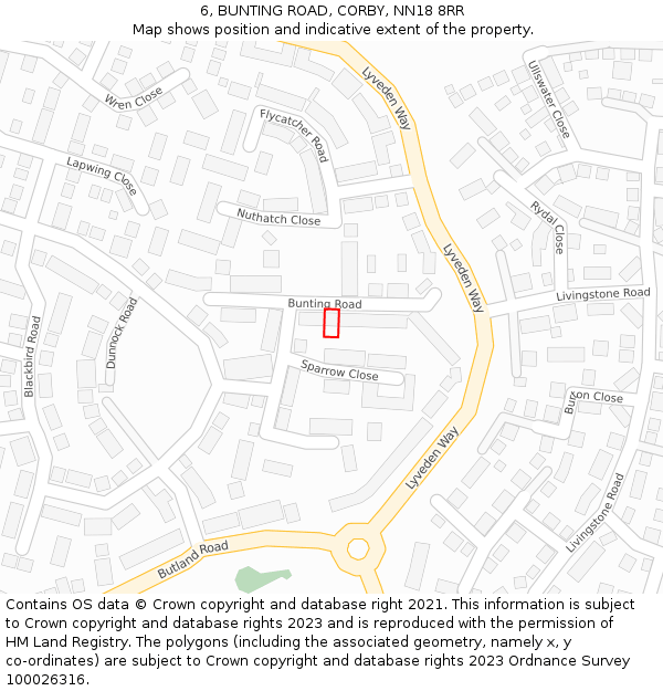 6, BUNTING ROAD, CORBY, NN18 8RR: Location map and indicative extent of plot