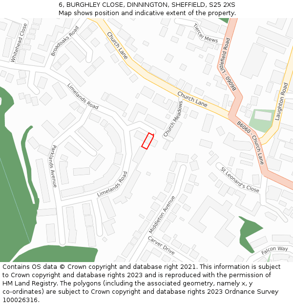 6, BURGHLEY CLOSE, DINNINGTON, SHEFFIELD, S25 2XS: Location map and indicative extent of plot