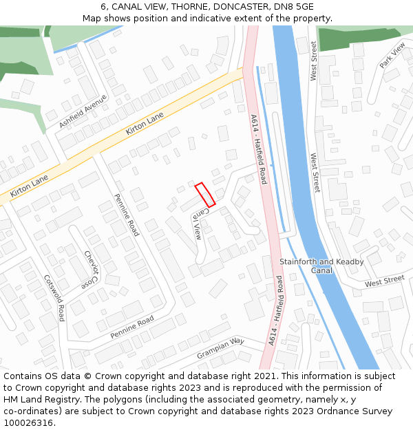 6, CANAL VIEW, THORNE, DONCASTER, DN8 5GE: Location map and indicative extent of plot