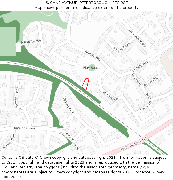 6, CANE AVENUE, PETERBOROUGH, PE2 9QT: Location map and indicative extent of plot