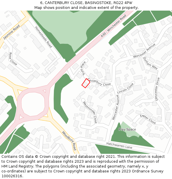 6, CANTERBURY CLOSE, BASINGSTOKE, RG22 4PW: Location map and indicative extent of plot
