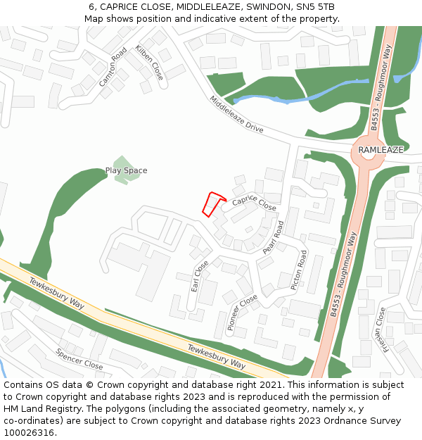 6, CAPRICE CLOSE, MIDDLELEAZE, SWINDON, SN5 5TB: Location map and indicative extent of plot