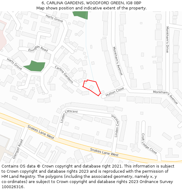 6, CARLINA GARDENS, WOODFORD GREEN, IG8 0BP: Location map and indicative extent of plot