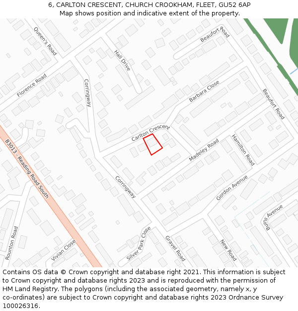 6, CARLTON CRESCENT, CHURCH CROOKHAM, FLEET, GU52 6AP: Location map and indicative extent of plot