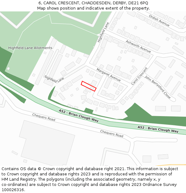 6, CAROL CRESCENT, CHADDESDEN, DERBY, DE21 6PQ: Location map and indicative extent of plot