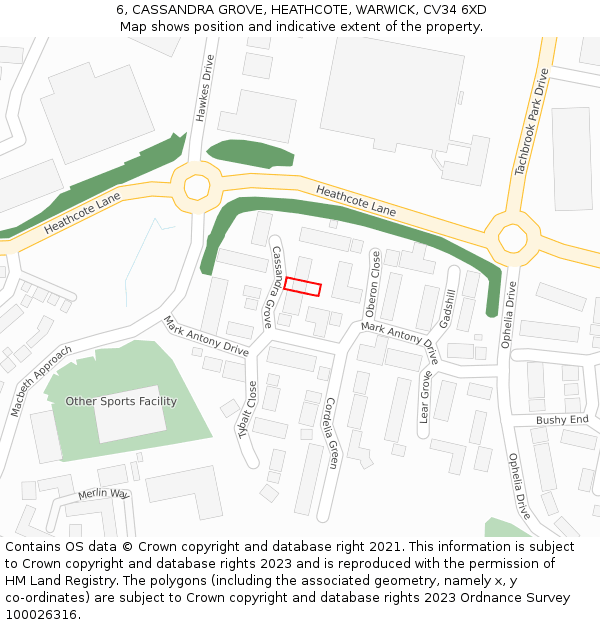 6, CASSANDRA GROVE, HEATHCOTE, WARWICK, CV34 6XD: Location map and indicative extent of plot