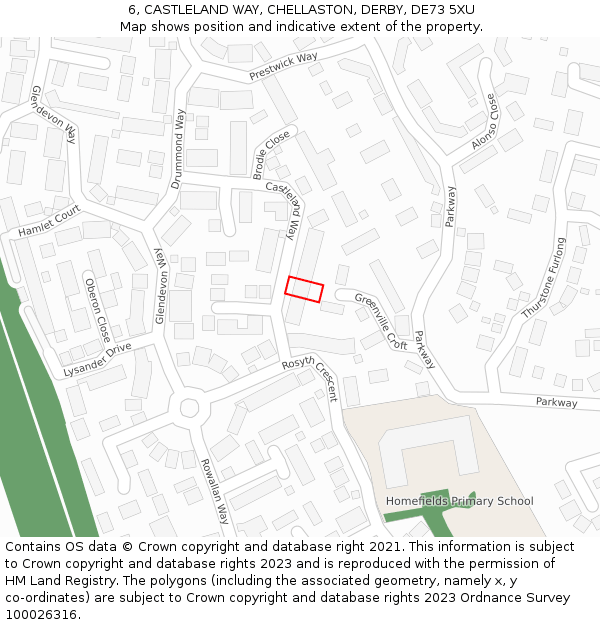 6, CASTLELAND WAY, CHELLASTON, DERBY, DE73 5XU: Location map and indicative extent of plot