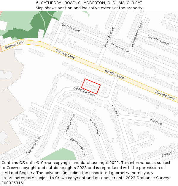 6, CATHEDRAL ROAD, CHADDERTON, OLDHAM, OL9 0AT: Location map and indicative extent of plot