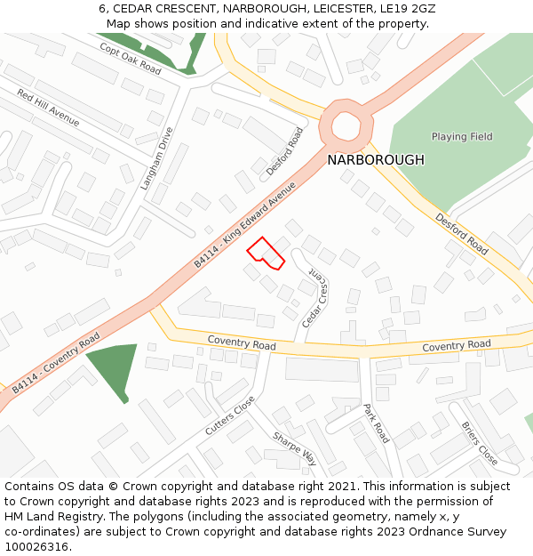 6, CEDAR CRESCENT, NARBOROUGH, LEICESTER, LE19 2GZ: Location map and indicative extent of plot