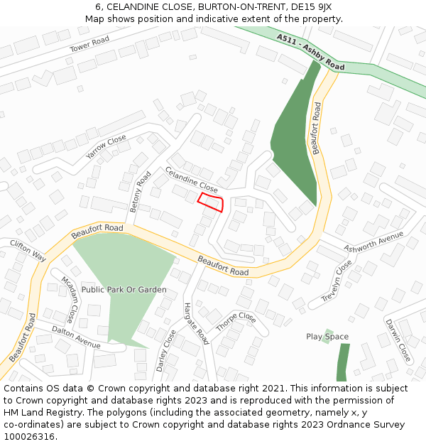 6, CELANDINE CLOSE, BURTON-ON-TRENT, DE15 9JX: Location map and indicative extent of plot