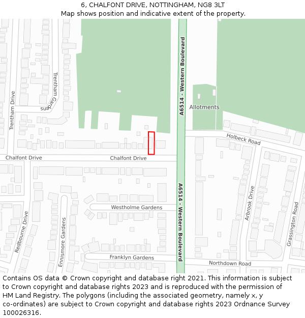 6, CHALFONT DRIVE, NOTTINGHAM, NG8 3LT: Location map and indicative extent of plot