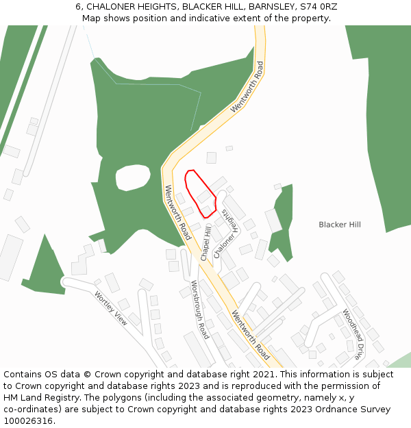 6, CHALONER HEIGHTS, BLACKER HILL, BARNSLEY, S74 0RZ: Location map and indicative extent of plot