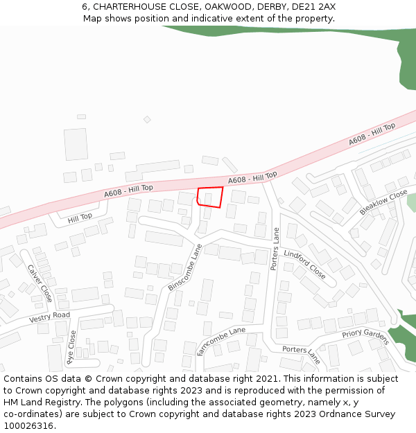 6, CHARTERHOUSE CLOSE, OAKWOOD, DERBY, DE21 2AX: Location map and indicative extent of plot