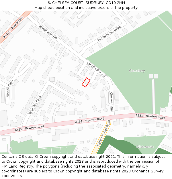 6, CHELSEA COURT, SUDBURY, CO10 2HH: Location map and indicative extent of plot