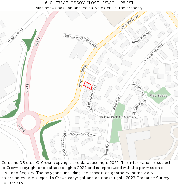 6, CHERRY BLOSSOM CLOSE, IPSWICH, IP8 3ST: Location map and indicative extent of plot