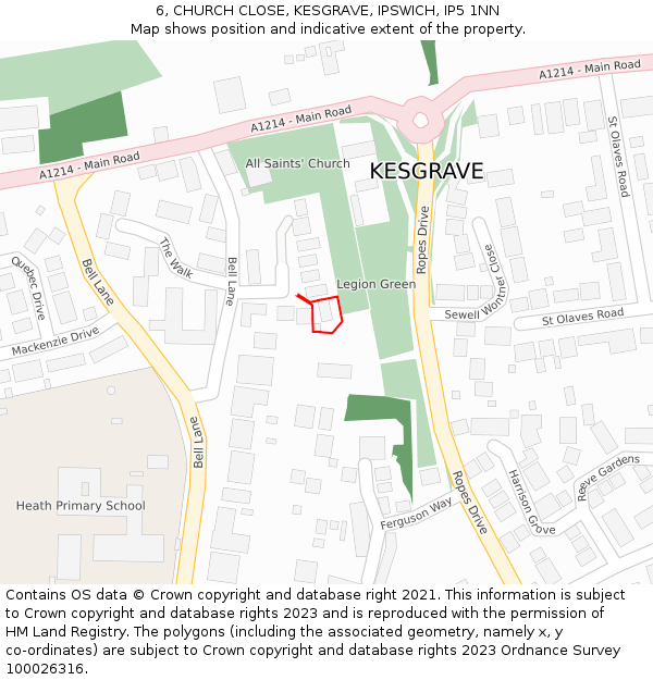 6, CHURCH CLOSE, KESGRAVE, IPSWICH, IP5 1NN: Location map and indicative extent of plot