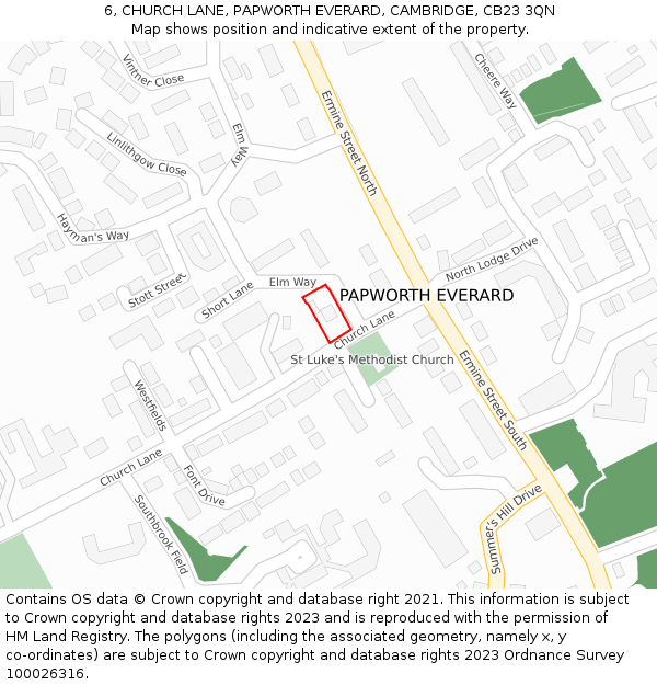 6, CHURCH LANE, PAPWORTH EVERARD, CAMBRIDGE, CB23 3QN: Location map and indicative extent of plot