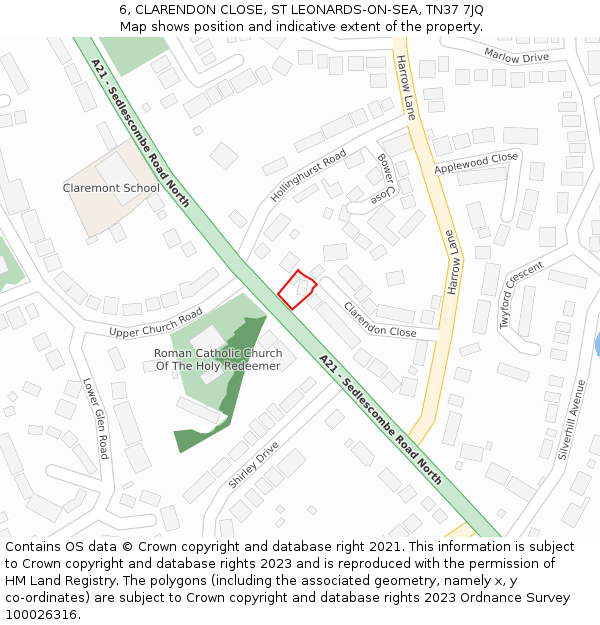 6, CLARENDON CLOSE, ST LEONARDS-ON-SEA, TN37 7JQ: Location map and indicative extent of plot