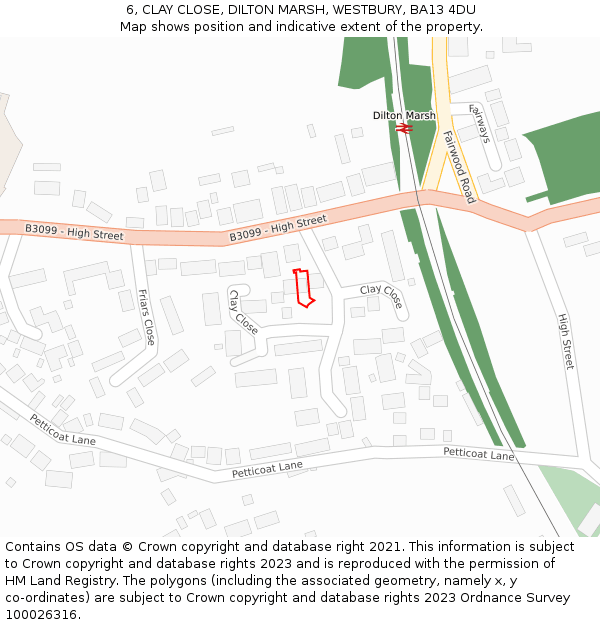 6, CLAY CLOSE, DILTON MARSH, WESTBURY, BA13 4DU: Location map and indicative extent of plot