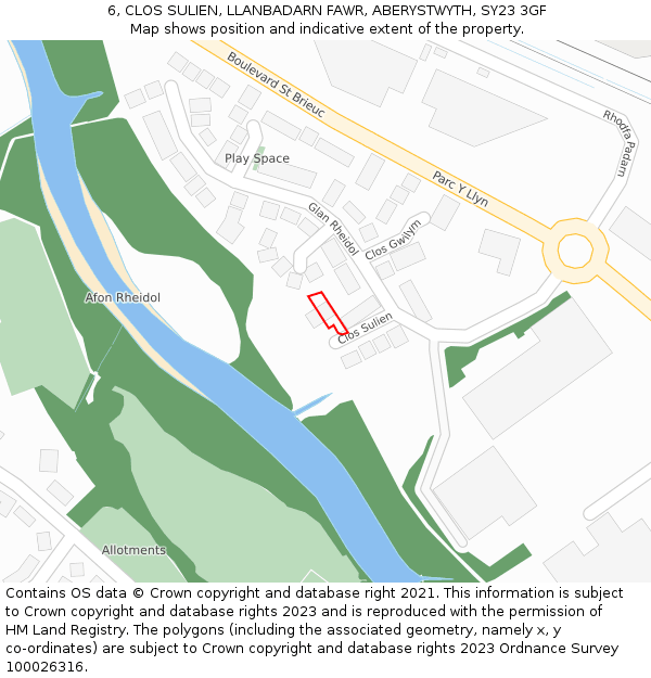 6, CLOS SULIEN, LLANBADARN FAWR, ABERYSTWYTH, SY23 3GF: Location map and indicative extent of plot