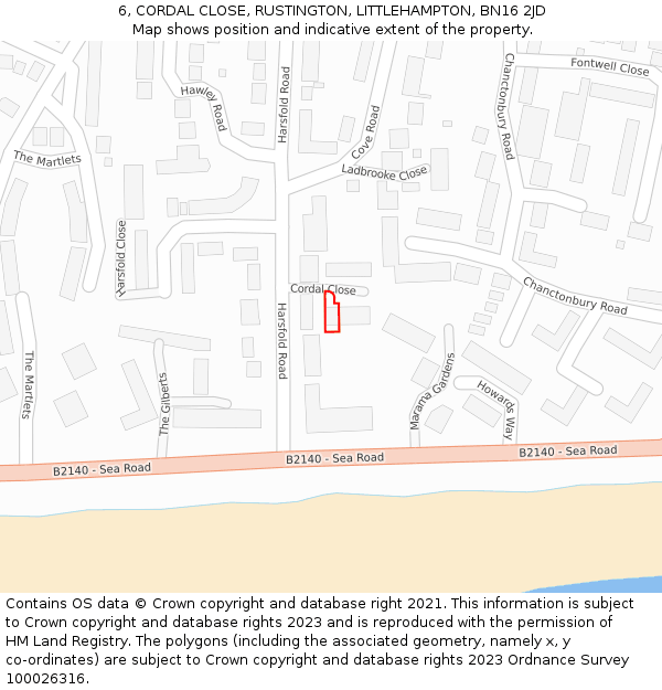 6, CORDAL CLOSE, RUSTINGTON, LITTLEHAMPTON, BN16 2JD: Location map and indicative extent of plot