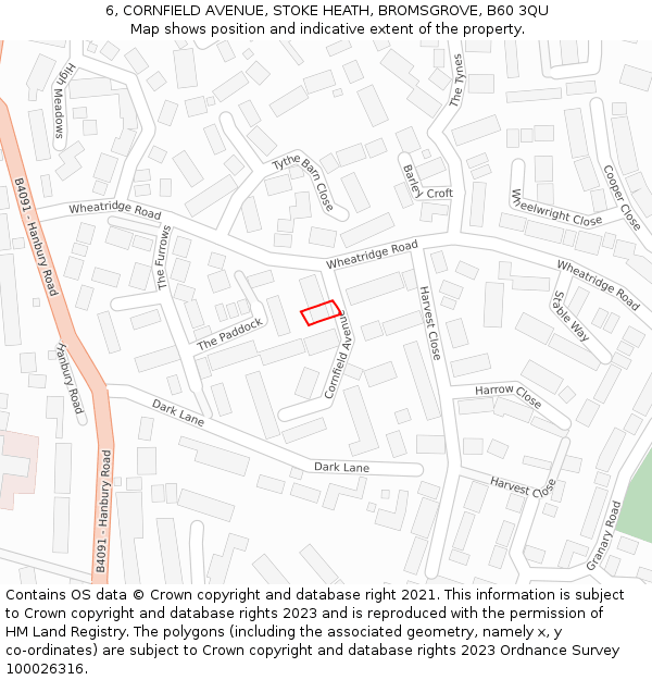 6, CORNFIELD AVENUE, STOKE HEATH, BROMSGROVE, B60 3QU: Location map and indicative extent of plot