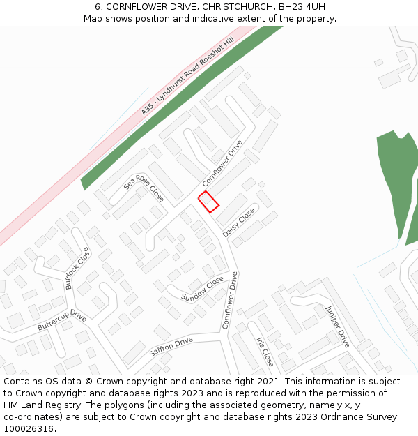 6, CORNFLOWER DRIVE, CHRISTCHURCH, BH23 4UH: Location map and indicative extent of plot