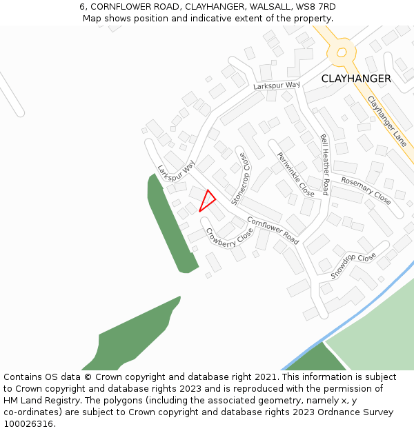 6, CORNFLOWER ROAD, CLAYHANGER, WALSALL, WS8 7RD: Location map and indicative extent of plot
