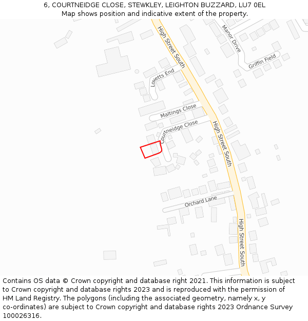 6, COURTNEIDGE CLOSE, STEWKLEY, LEIGHTON BUZZARD, LU7 0EL: Location map and indicative extent of plot