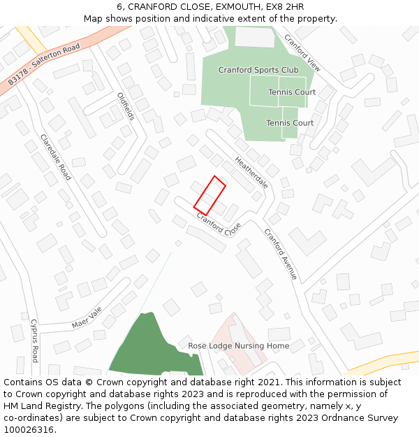 6, CRANFORD CLOSE, EXMOUTH, EX8 2HR: Location map and indicative extent of plot