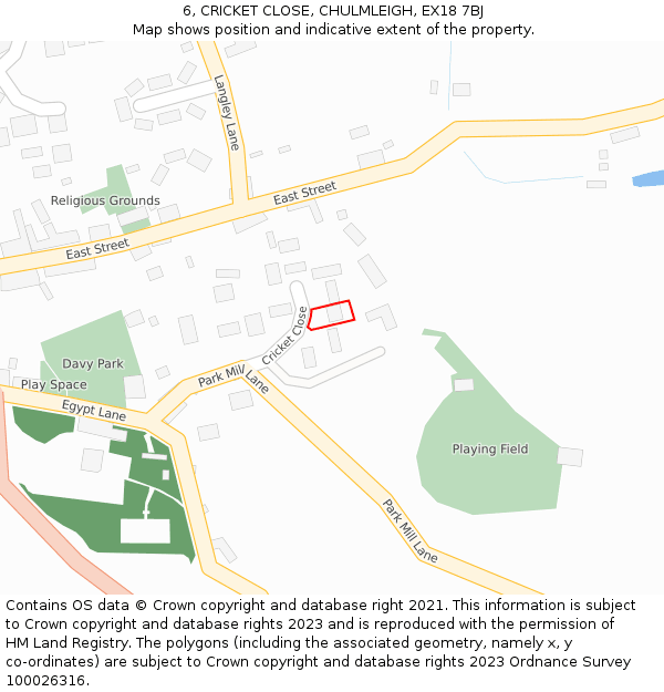 6, CRICKET CLOSE, CHULMLEIGH, EX18 7BJ: Location map and indicative extent of plot