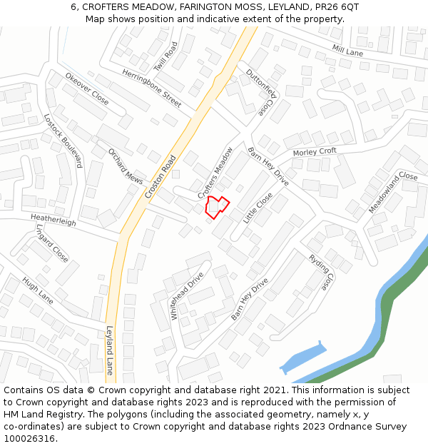 6, CROFTERS MEADOW, FARINGTON MOSS, LEYLAND, PR26 6QT: Location map and indicative extent of plot