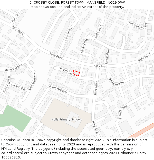 6, CROSBY CLOSE, FOREST TOWN, MANSFIELD, NG19 0PW: Location map and indicative extent of plot