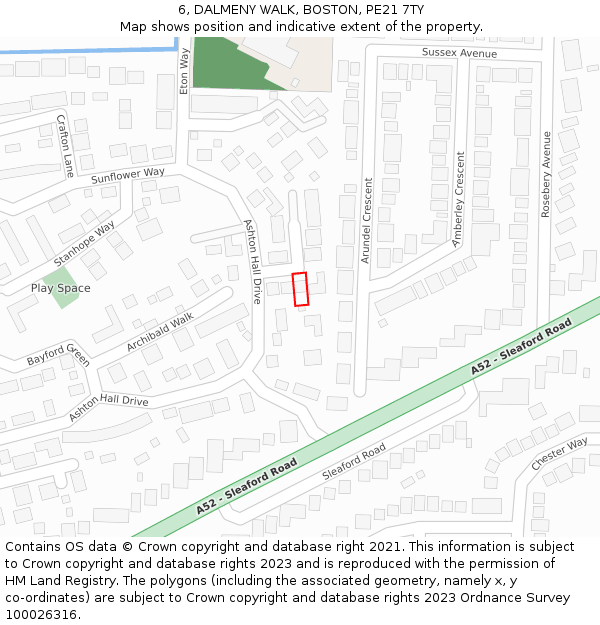 6, DALMENY WALK, BOSTON, PE21 7TY: Location map and indicative extent of plot