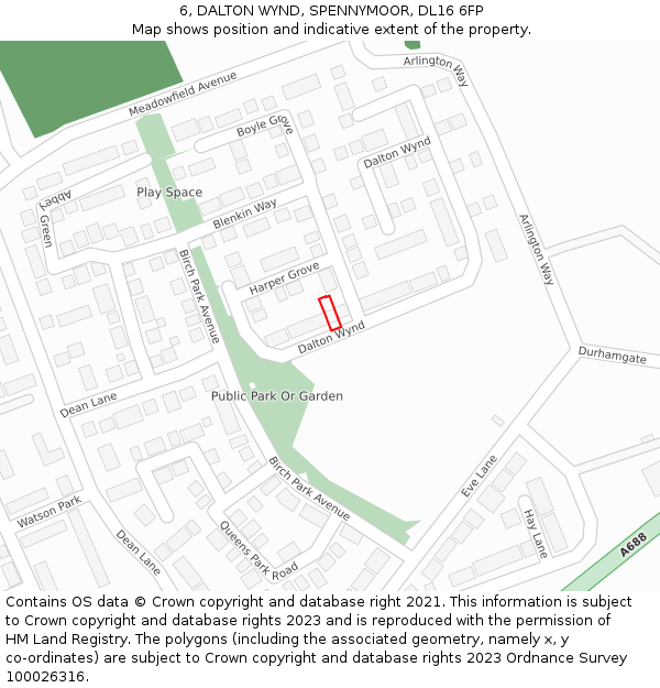6, DALTON WYND, SPENNYMOOR, DL16 6FP: Location map and indicative extent of plot