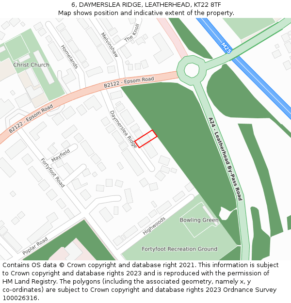6, DAYMERSLEA RIDGE, LEATHERHEAD, KT22 8TF: Location map and indicative extent of plot