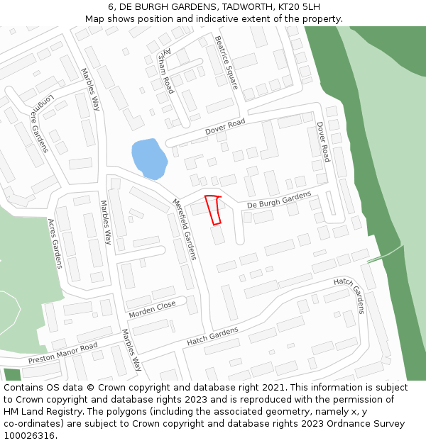 6, DE BURGH GARDENS, TADWORTH, KT20 5LH: Location map and indicative extent of plot