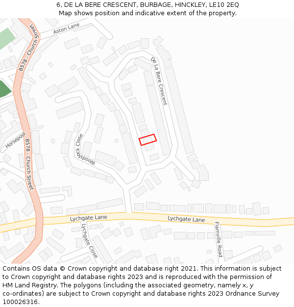 6, DE LA BERE CRESCENT, BURBAGE, HINCKLEY, LE10 2EQ: Location map and indicative extent of plot