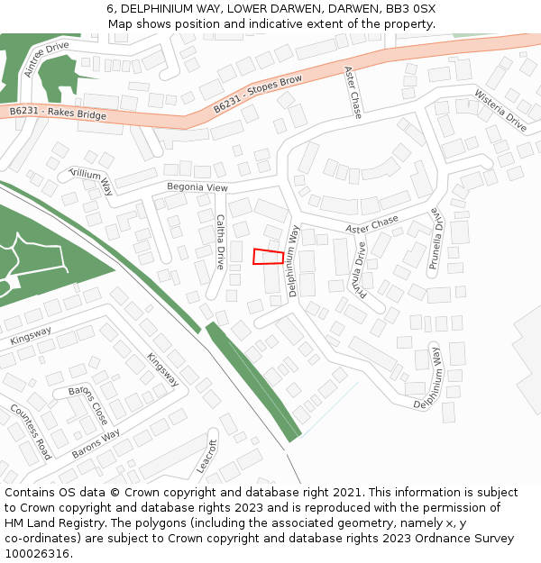 6, DELPHINIUM WAY, LOWER DARWEN, DARWEN, BB3 0SX: Location map and indicative extent of plot