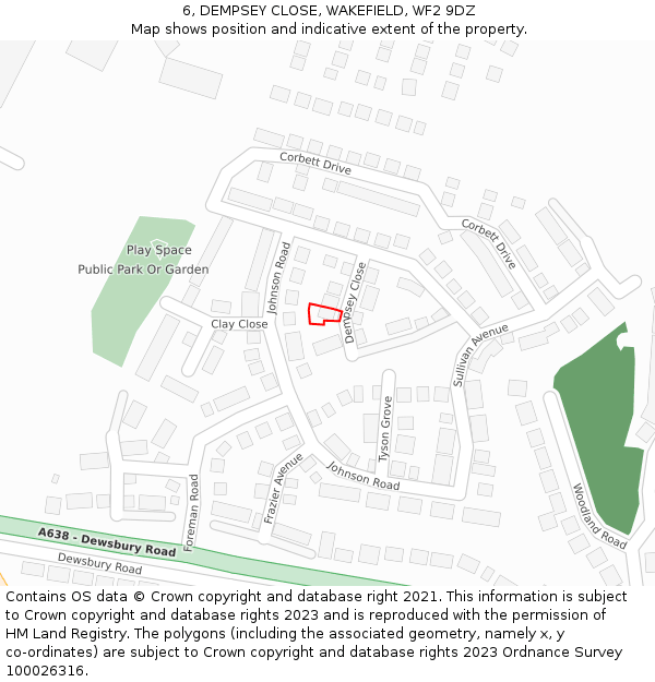 6, DEMPSEY CLOSE, WAKEFIELD, WF2 9DZ: Location map and indicative extent of plot