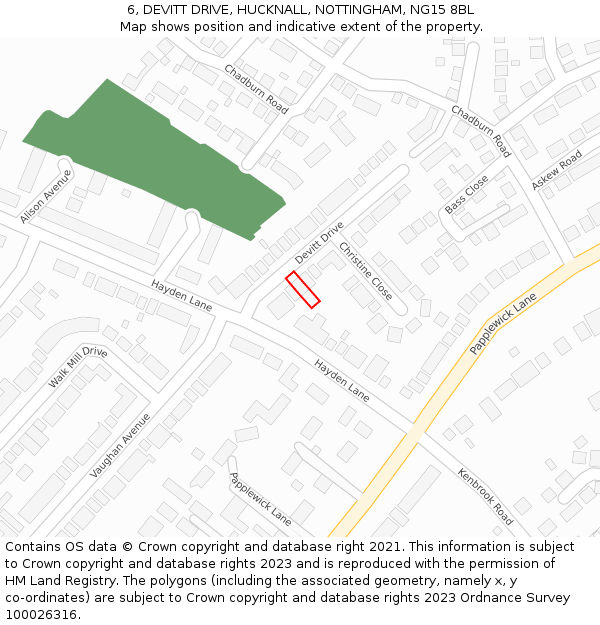6, DEVITT DRIVE, HUCKNALL, NOTTINGHAM, NG15 8BL: Location map and indicative extent of plot