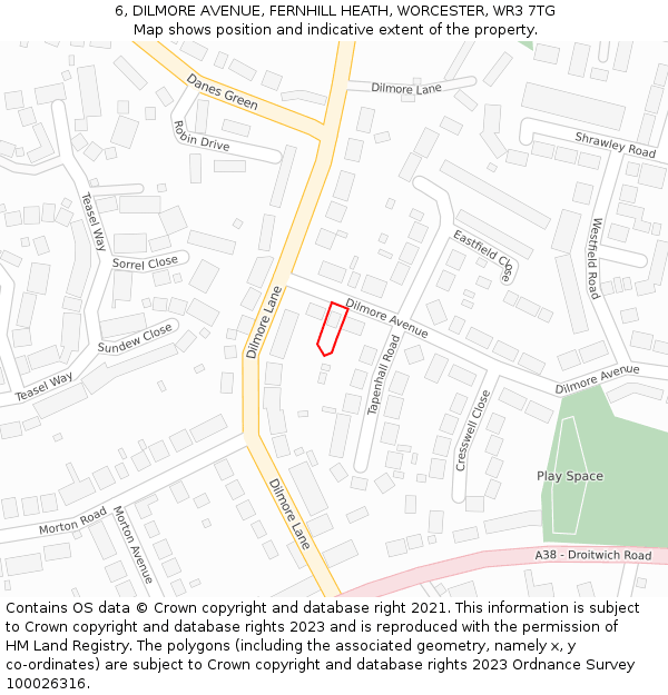 6, DILMORE AVENUE, FERNHILL HEATH, WORCESTER, WR3 7TG: Location map and indicative extent of plot