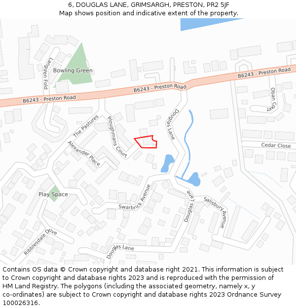 6, DOUGLAS LANE, GRIMSARGH, PRESTON, PR2 5JF: Location map and indicative extent of plot