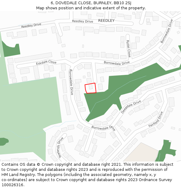 6, DOVEDALE CLOSE, BURNLEY, BB10 2SJ: Location map and indicative extent of plot