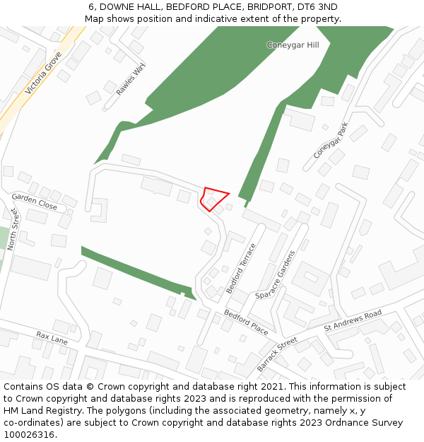 6, DOWNE HALL, BEDFORD PLACE, BRIDPORT, DT6 3ND: Location map and indicative extent of plot